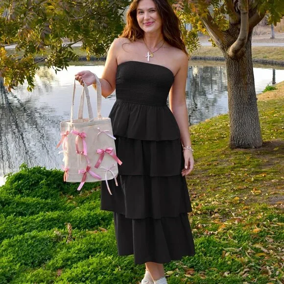 Women‘s Summer Boho Strapless Maxi Dress 2025 Casual Sleeveless Off Shoulder Smo